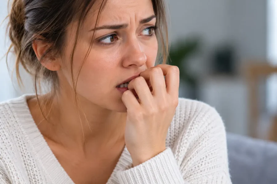 Angstige vrouw bijt op haar nagels