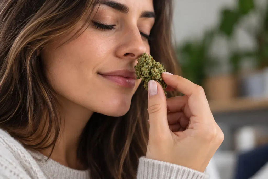 vrouwen die de terpenen van de CBD-bloem ruiken
