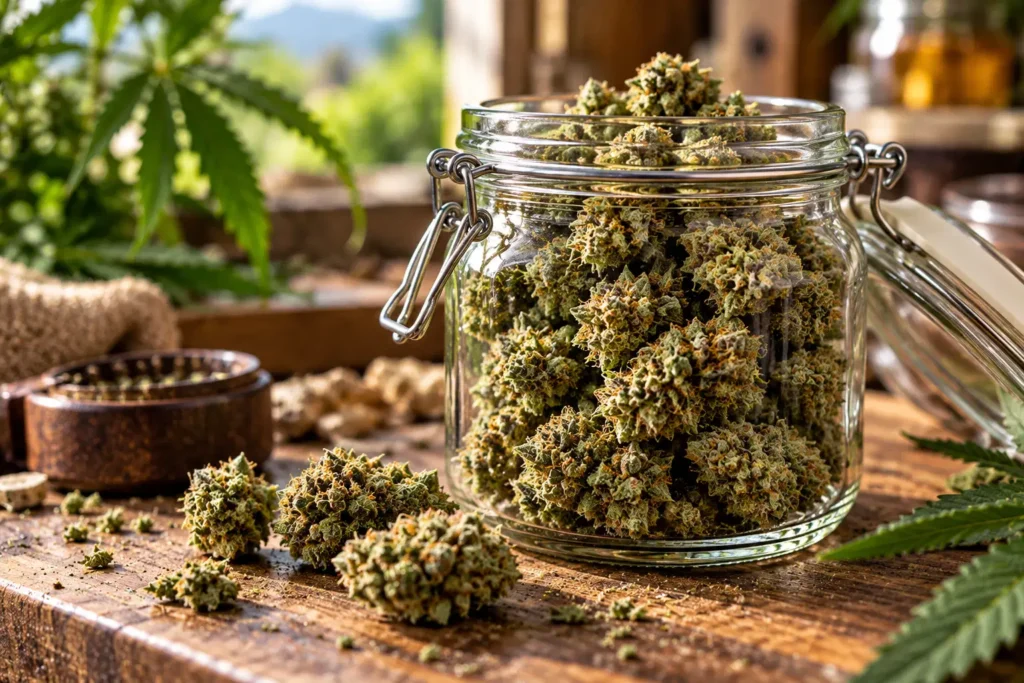 Fleurs de CBD conservées dans un bocal