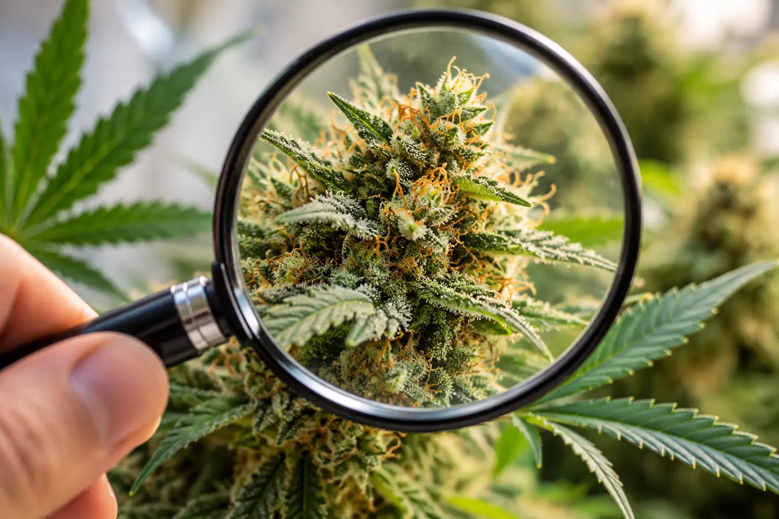 un fleur de CBD regardée à travers une loupe