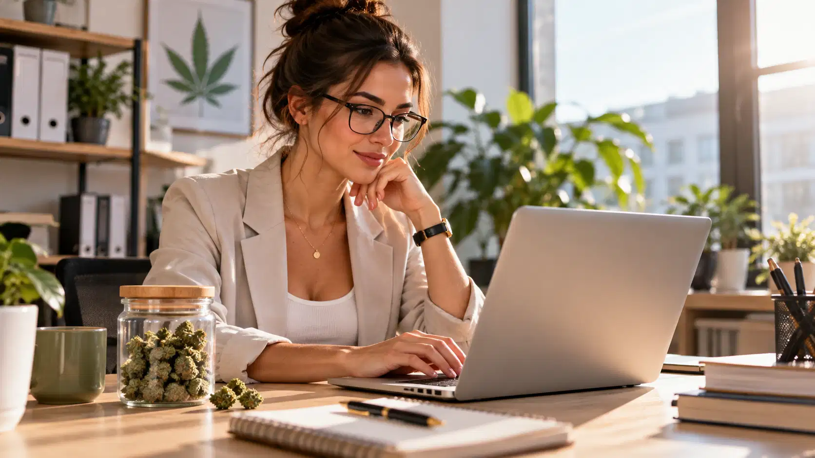 uma mulher que trabalha num escritório com um frasco de CBD ao lado