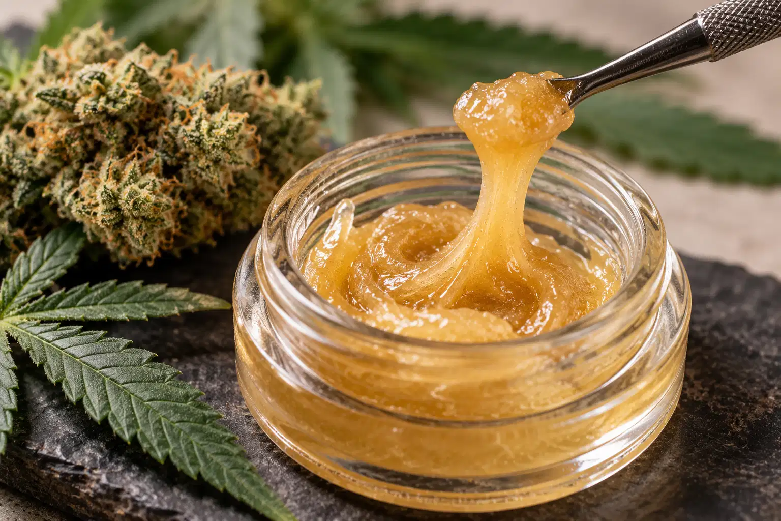 du rosin cbd dans un bocal à coté d'une fleur de CBD