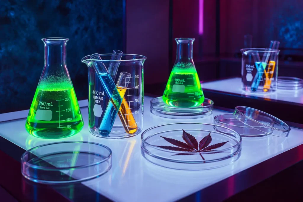 Ein Cannabisblatt, Fläschchen und fluoreszierende Reagenzgläser auf einem Tisch