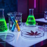 A cannabis leaf, vials and fluorescent test tubes on a table