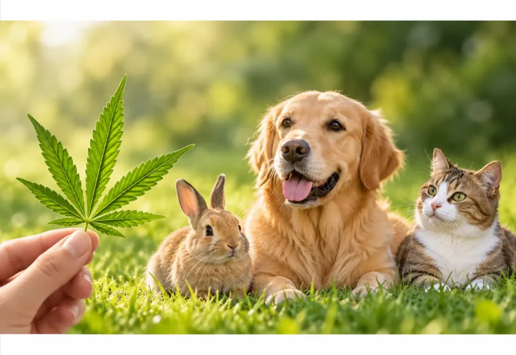 Una mano mostra una foglia di CBD a un coniglio, un cane e un gatto
