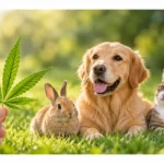 Une main montre une feuille de CBD à un lapin, un chien et un chat