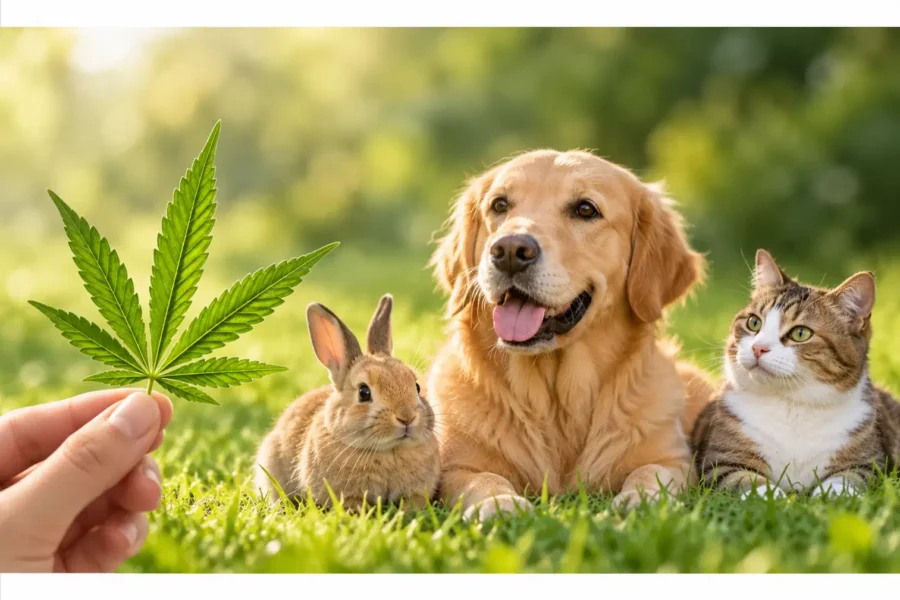 Una mano mostra una foglia di CBD a un coniglio, un cane e un gatto