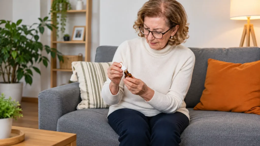 une personne âgées qui lit l'étiue d'une huile de CBD