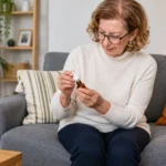 une personne âgées qui lit l'étiue d'une huile de CBD