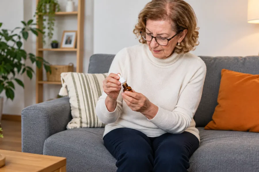 une personne âgées qui lit l'étiue d'une huile de CBD