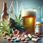 Un verre de biere, des médicaments et du cbd dans un espace neutre