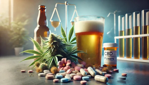 Un vaso de cerveza, drogas y cbd en un espacio neutro