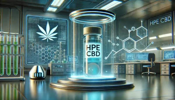 un laboratorio futurista con una molécula de CBD HPE en el centro