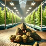 Hydroponic CBD op een tafel met een hennepveld op de achtergrond