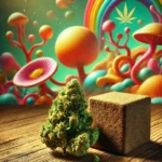 CBD derivaten op een tafel met een psychedelische achtergrond