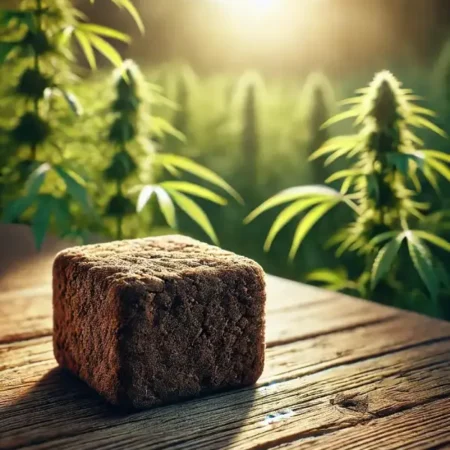Résines de CBD posées sur une tables avec un champ de chanvre en arrière plan