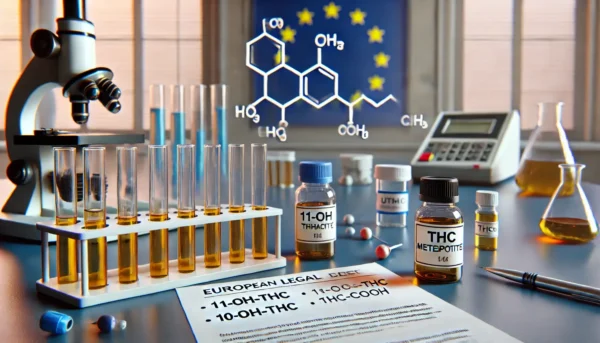 un laboratoire montrant des concentrés 11-OH-THC, 10-OH-THC et THC-COOH, dans des éprouvettes et le drapeau de l'Union Européenne en fond