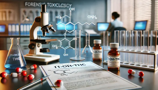 un laboratoire montrant des concentrés 11-OH-THC, dans des éprouvettes