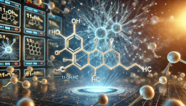 structure moléculaire du 11-oh-hhc dans un environnement futuriste