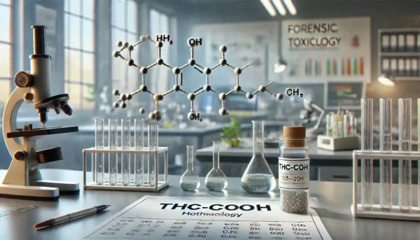 un laboratoire montrant des concentrés de THC-COOH, dans des éprouvettes