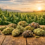 PLusieurs small buds cbd sur une table avec un champs e chanvre en fond