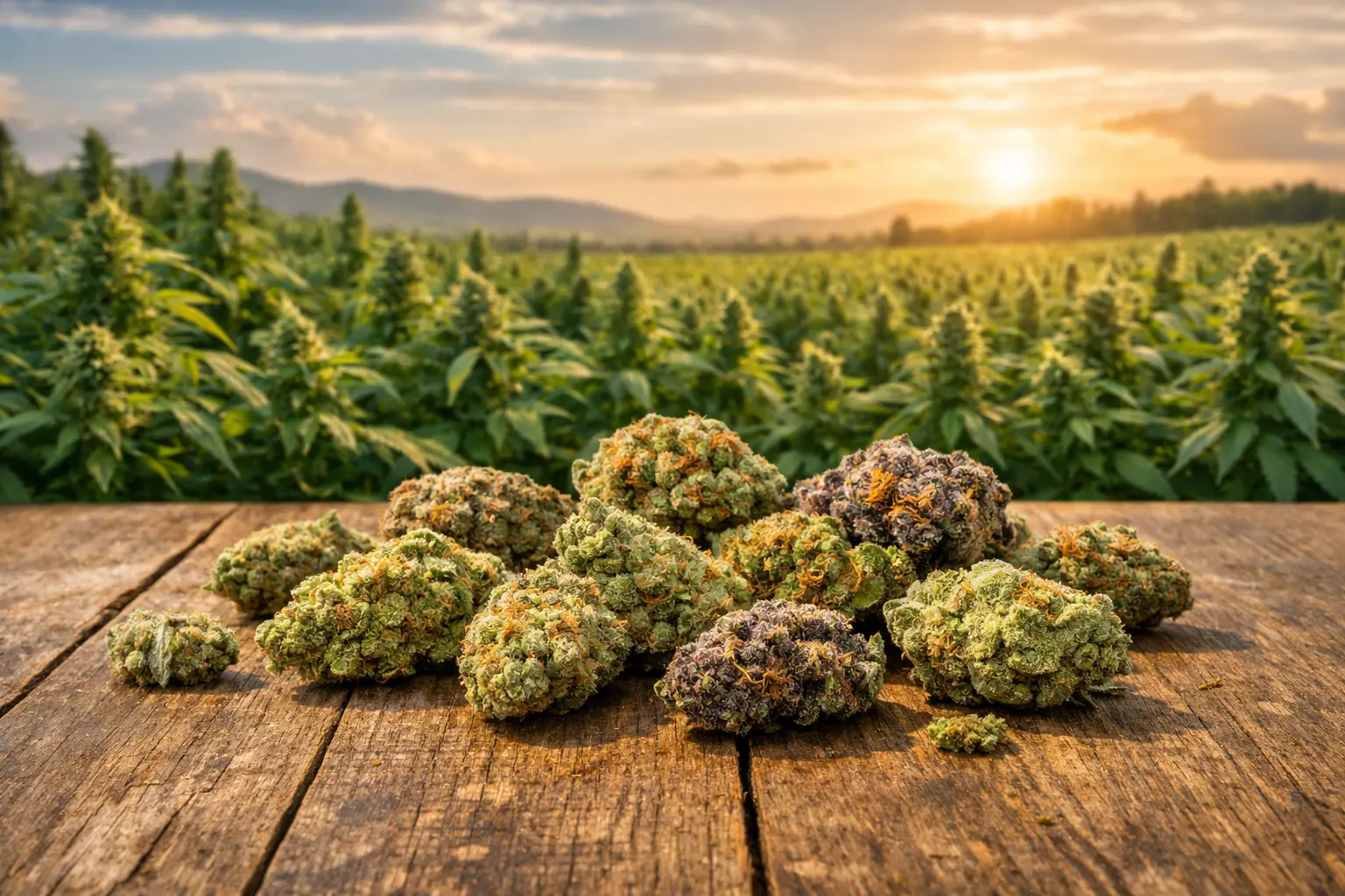 PLusieurs small buds cbd sur une table avec un champs e chanvre en fond