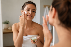 mujer que se aplica crema de CBD en la cara
